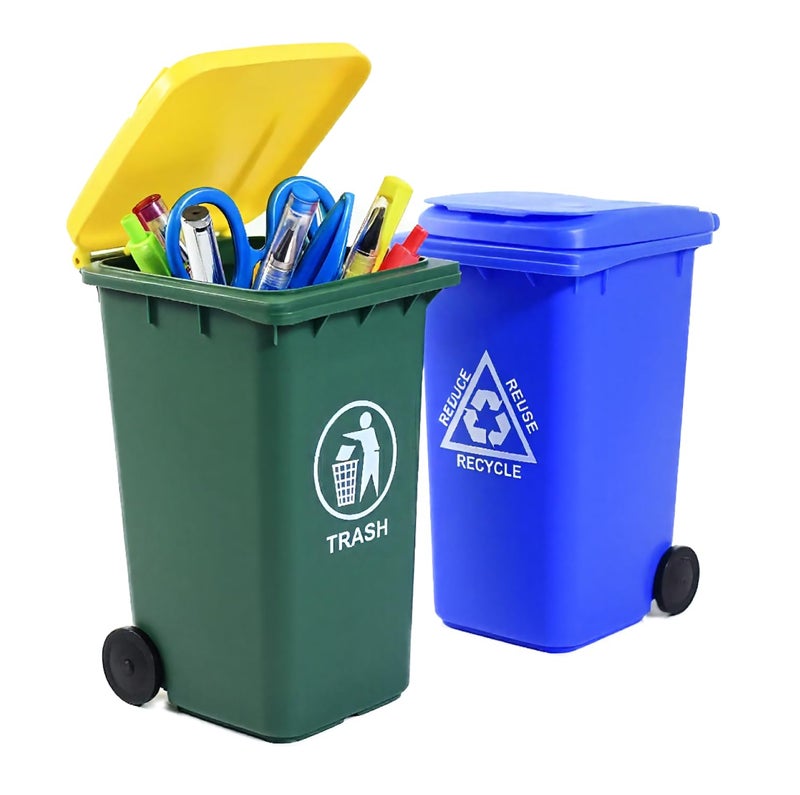 Wiosi Mini Garbage Trash Pen Holder for Desk | Tiny Recycle Bin Pencil Holder Green & Blue, Pack of 2 | Storage for Pencil & Pen | Office Stationery to Organize The Desk | Ideal for Student Work - Image 1